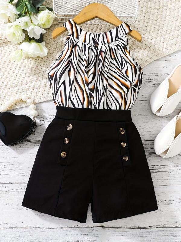 2pcs Girls Leopard Halter Top & Shorts Set Kids Summer Clothes