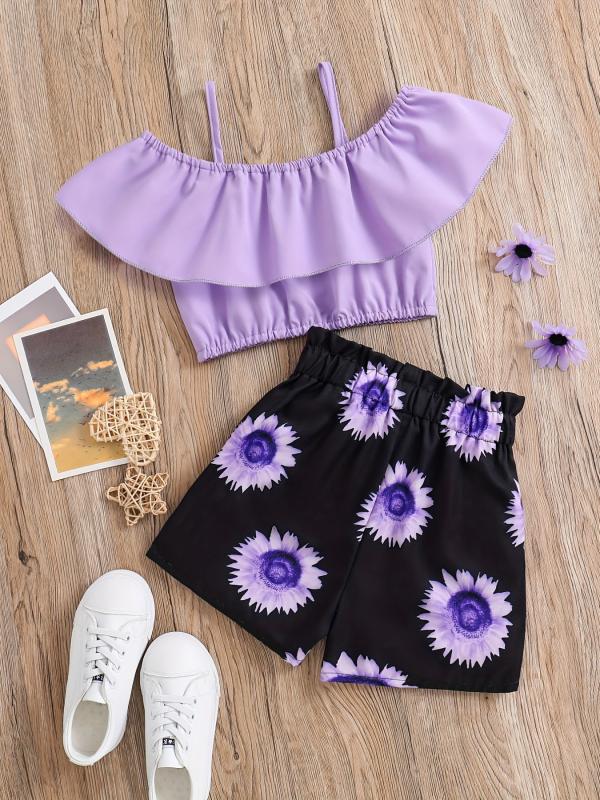 2pcs Toddler Girls Cold Shoulder Top & Sunflower Graphic Shorts