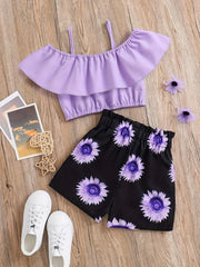 2pcs Toddler Girls Cold Shoulder Top & Sunflower Graphic Shorts