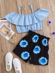 2pcs Toddler Girls Cold Shoulder Top & Sunflower Graphic Shorts