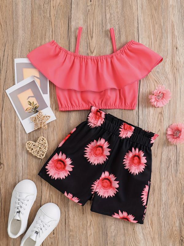 2pcs Toddler Girls Cold Shoulder Top & Sunflower Graphic Shorts