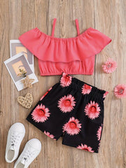 2pcs Toddler Girls Cold Shoulder Top & Sunflower Graphic Shorts