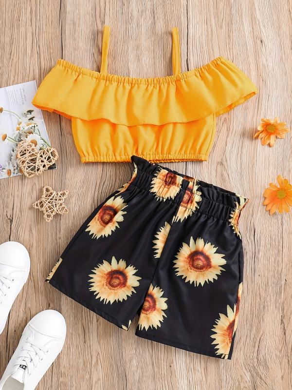 2pcs Toddler Girls Cold Shoulder Top & Sunflower Graphic Shorts
