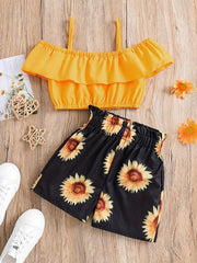 2pcs Toddler Girls Cold Shoulder Top & Sunflower Graphic Shorts