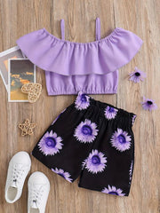 2pcs Toddler Girls Cold Shoulder Top & Sunflower Graphic Shorts