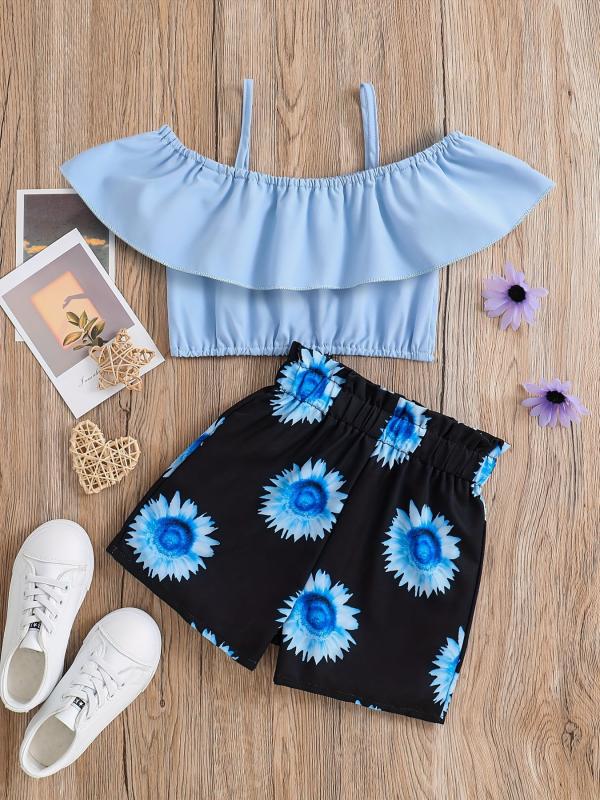 2pcs Toddler Girls Cold Shoulder Top & Sunflower Graphic Shorts