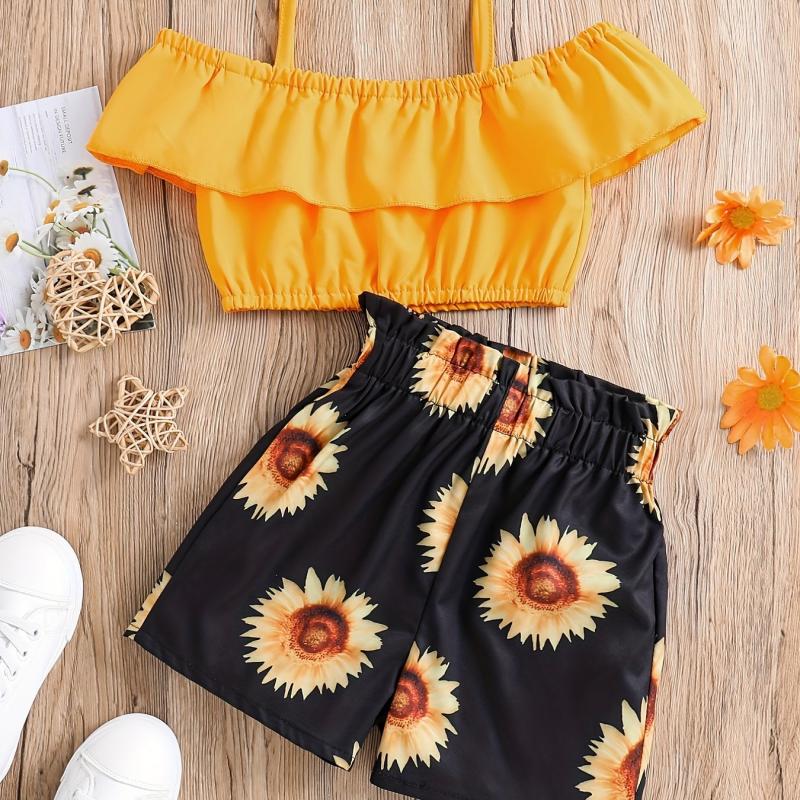 2pcs Toddler Girls Cold Shoulder Top & Sunflower Graphic Shorts