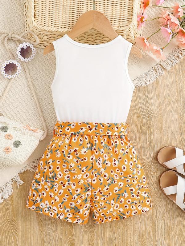 Girls 2pcs Tank Top & Shorts Floral Love Print Kids Summer Clothes
