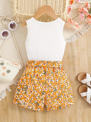 Girls 2pcs Tank Top & Shorts Floral Love Print Kids Summer Clothes
