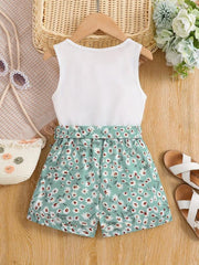 Girls 2pcs Tank Top & Shorts Floral Love Print Kids Summer Clothes