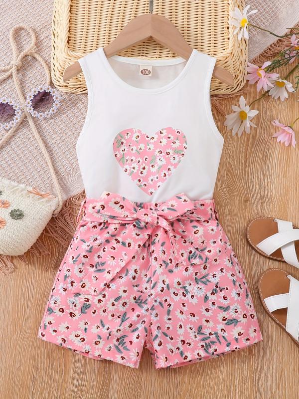 Girls 2pcs Tank Top & Shorts Floral Love Print Kids Summer Clothes