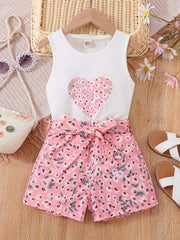 Girls 2pcs Tank Top & Shorts Floral Love Print Kids Summer Clothes