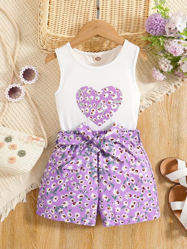 Girls 2pcs Tank Top & Shorts Floral Love Print Kids Summer Clothes