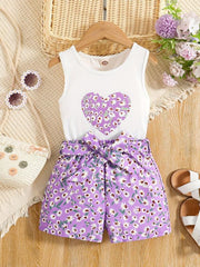 Girls 2pcs Tank Top & Shorts Floral Love Print Kids Summer Clothes
