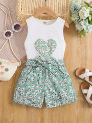 Girls 2pcs Tank Top & Shorts Floral Love Print Kids Summer Clothes