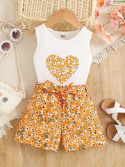 Girls 2pcs Tank Top & Shorts Floral Love Print Kids Summer Clothes