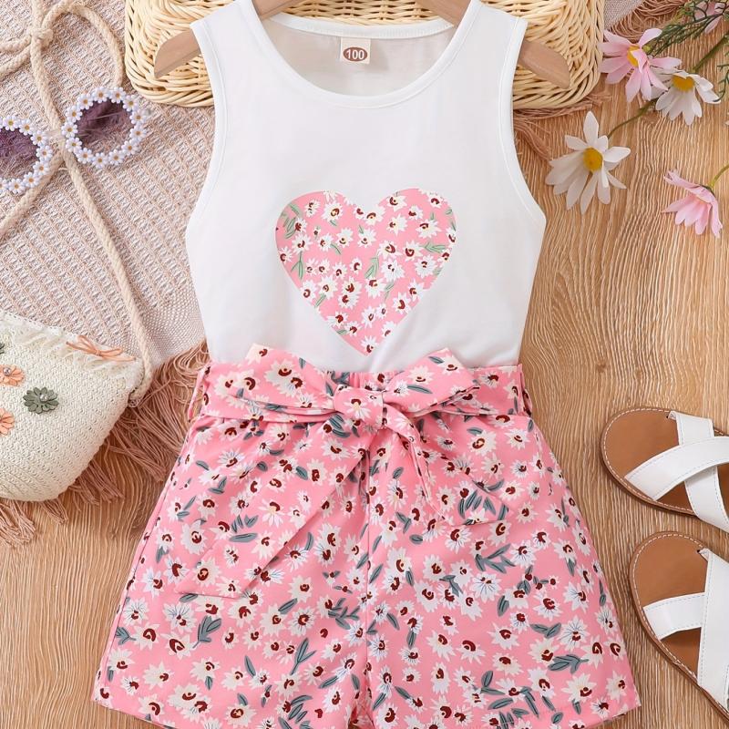 Girls 2pcs Tank Top & Shorts Floral Love Print Kids Summer Clothes