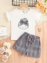 2pc Girls Figure Graphic Tee & Plaid Shorts Set Kids Summer Clothes