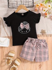2pc Girls Figure Graphic Tee & Plaid Shorts Set Kids Summer Clothes