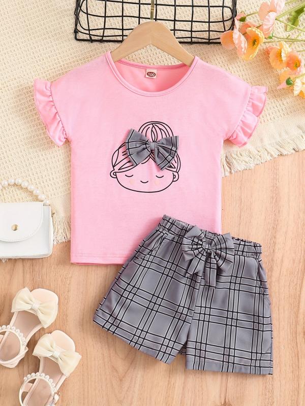 2pc Girls Figure Graphic Tee & Plaid Shorts Set Kids Summer Clothes