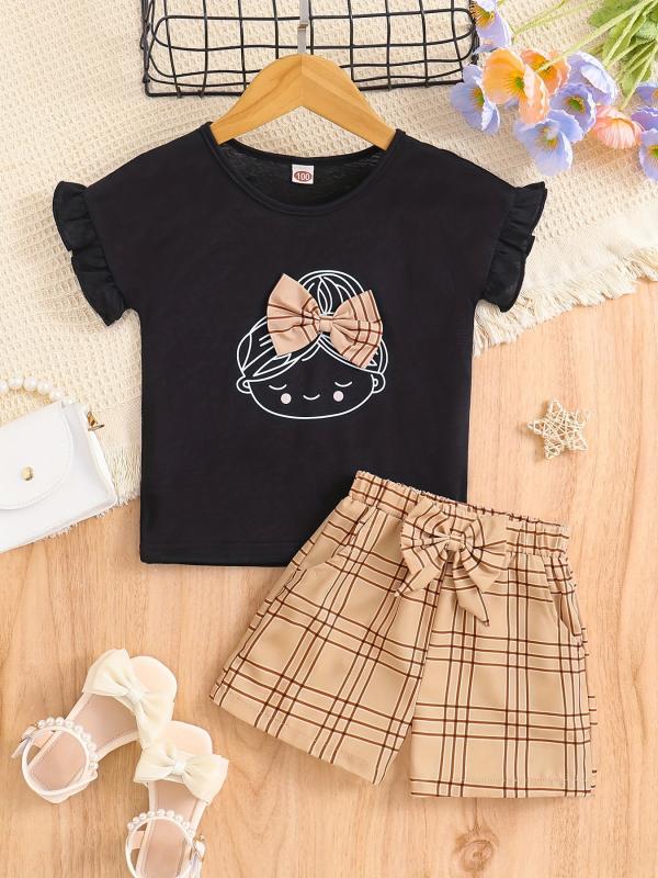 2pc Girls Figure Graphic Tee & Plaid Shorts Set Kids Summer Clothes