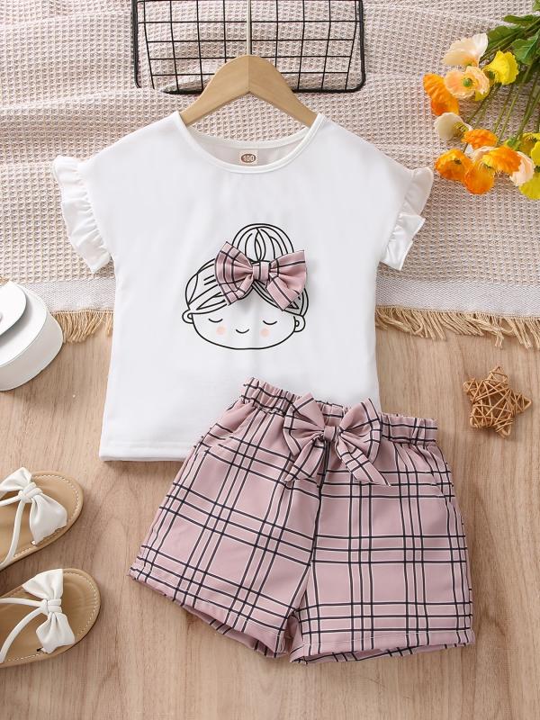 2pc Girls Figure Graphic Tee & Plaid Shorts Set Kids Summer Clothes