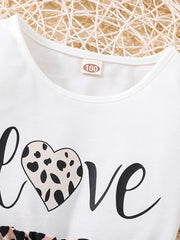2pcs Toddler Girls LOVE Graphic T Shirt & Leopard Skirt Set Kids Summer Clothes