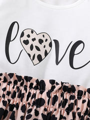 2pcs Toddler Girls LOVE Graphic T Shirt & Leopard Skirt Set Kids Summer Clothes