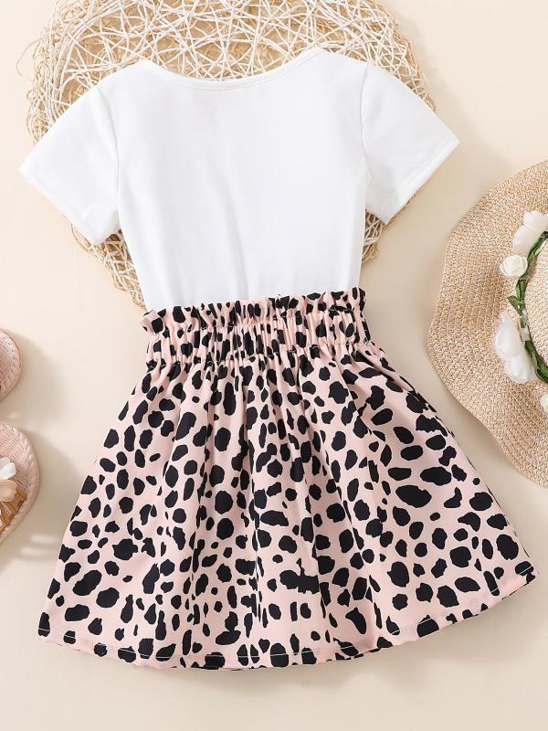 2pcs Toddler Girls LOVE Graphic T Shirt & Leopard Skirt Set Kids Summer Clothes