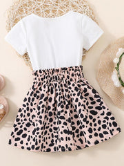 2pcs Toddler Girls LOVE Graphic T Shirt & Leopard Skirt Set Kids Summer Clothes