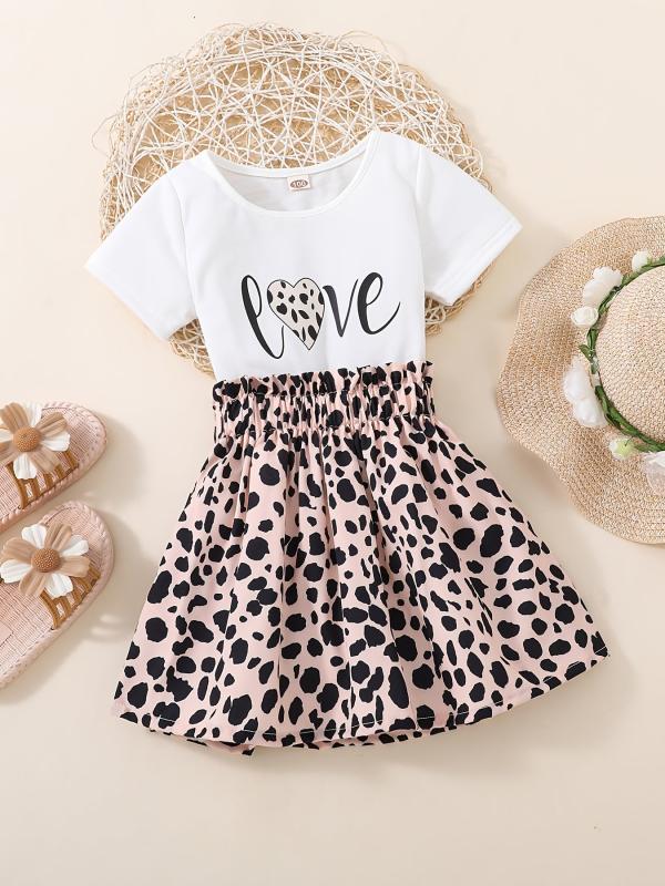 2pcs Toddler Girls LOVE Graphic T Shirt & Leopard Skirt Set Kids Summer Clothes