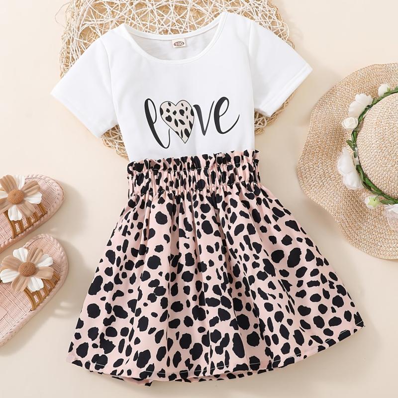 2pcs Toddler Girls LOVE Graphic T Shirt & Leopard Skirt Set Kids Summer Clothes