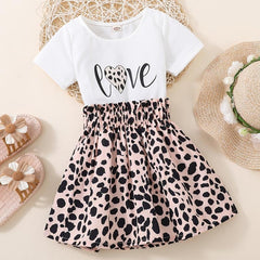 2pcs Toddler Girls LOVE Graphic T Shirt & Leopard Skirt Set Kids Summer Clothes