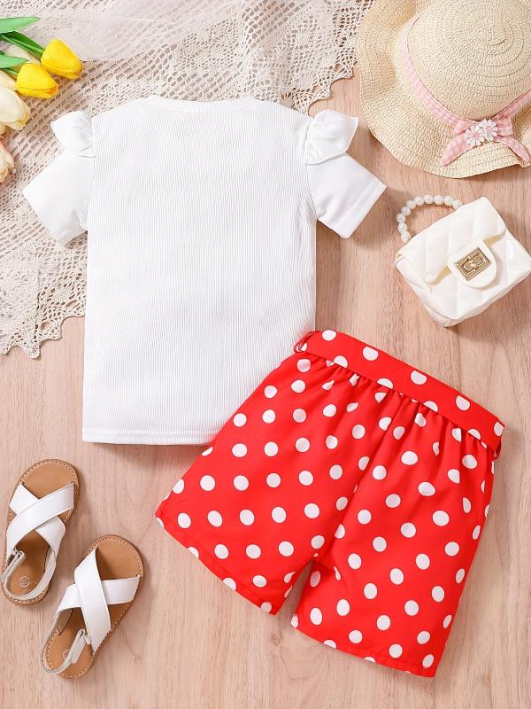 Girls Bow Graphic Ruffle Trim T Shirt & Polka Dot Belted Shorts Set