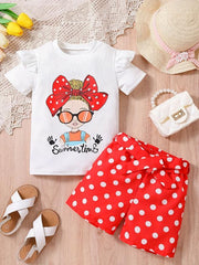 Girls Bow Graphic Ruffle Trim T Shirt & Polka Dot Belted Shorts Set