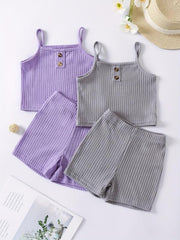 Girls Button Front Crop Cami Top & Shorts Set