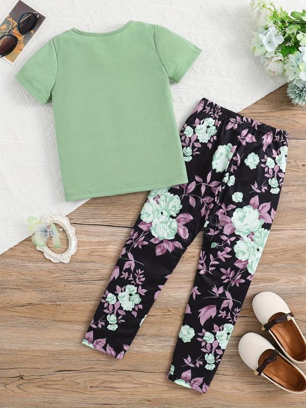 2pcs Toddler Girls Letter And Flowers Graphic T Shirts & Leggings Set