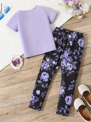 2pcs Toddler Girls Letter And Flowers Graphic T Shirts & Leggings Set