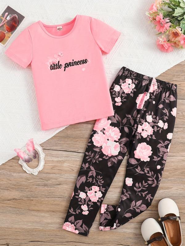 2pcs Toddler Girls Letter And Flowers Graphic T Shirts & Leggings Set