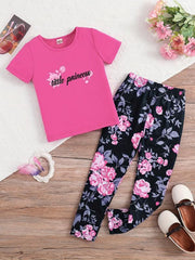 2pcs Toddler Girls Letter And Flowers Graphic T Shirts & Leggings Set