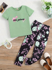 2pcs Toddler Girls Letter And Flowers Graphic T Shirts & Leggings Set