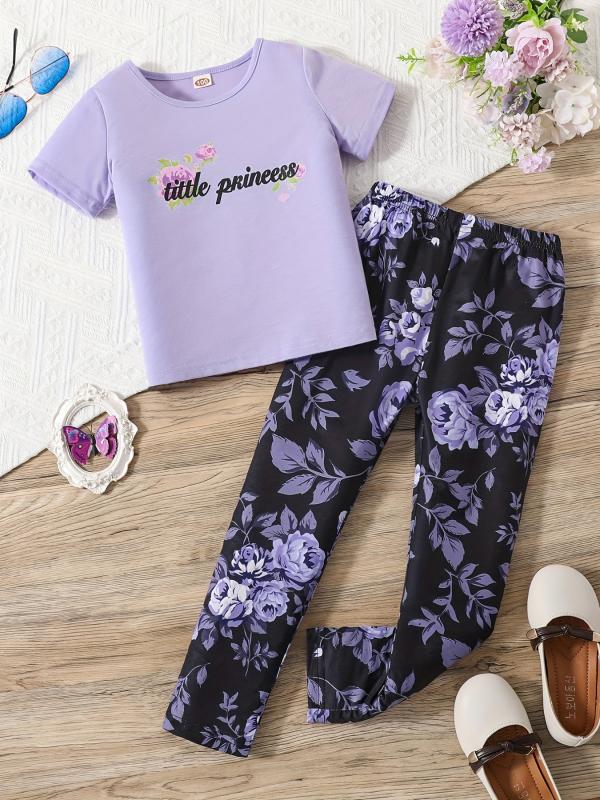 2pcs Toddler Girls Letter And Flowers Graphic T Shirts & Leggings Set