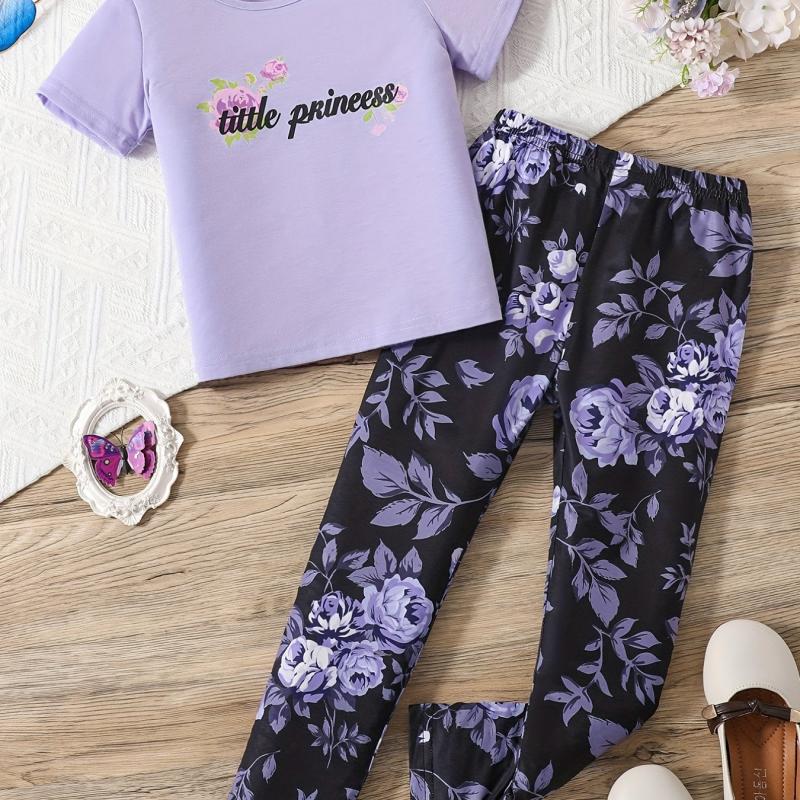 2pcs Toddler Girls Letter And Flowers Graphic T Shirts & Leggings Set