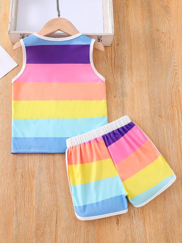 Girls Block Neck Sleeveless Tank Top & Shorts Set Kids Summer Clothes