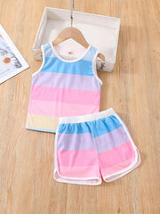 Girls Block Neck Sleeveless Tank Top & Shorts Set Kids Summer Clothes