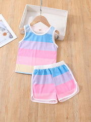 Girls Block Neck Sleeveless Tank Top & Shorts Set Kids Summer Clothes