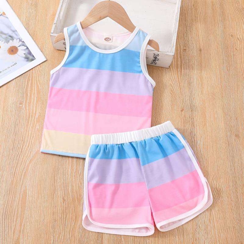 Girls Block Neck Sleeveless Tank Top & Shorts Set Kids Summer Clothes