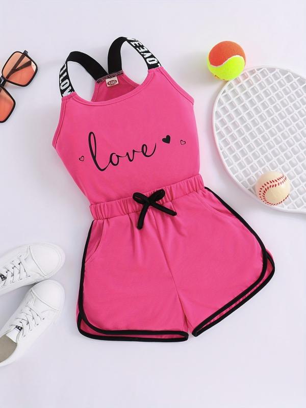 Toddler Girls Heart & LOVE Tape Cami Top & Bow Track Shorts Set