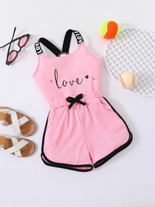 Toddler Girls Heart & LOVE Tape Cami Top & Bow Track Shorts Set