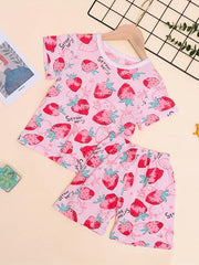 Girls Strawberry Graphic Pajama Set Crew Neck T Shirt & Shorts Loungewear